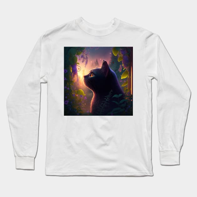 Cat Watching Sunset Scene Long Sleeve T-Shirt by Zachariya420